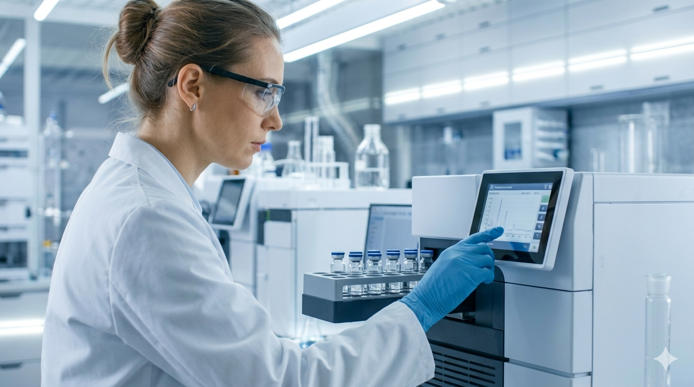 Scientist performing HPLC quality control testing for Imatinib India Generic pharmaceutical purity